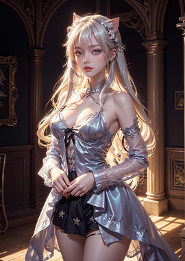Anime Cat Girl in Silver Dress