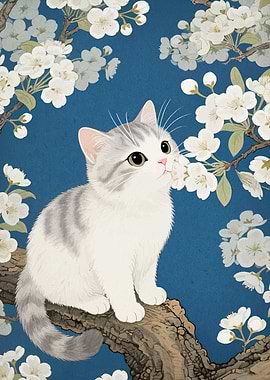 Cat with White Blossoms