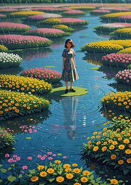 Girl in Rainy Floral Landscape
