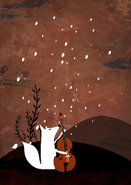 Fox playing cello in the snow