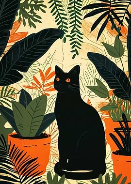 Black cat in a jungle illustration