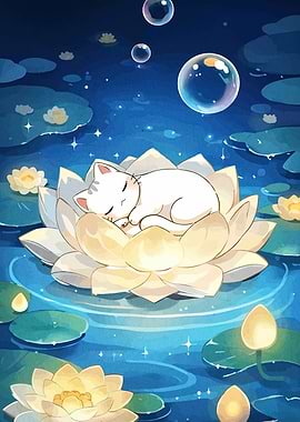 Sleeping Cat on Lotus Flower
