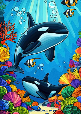 Orcas in Colorful Coral Reef