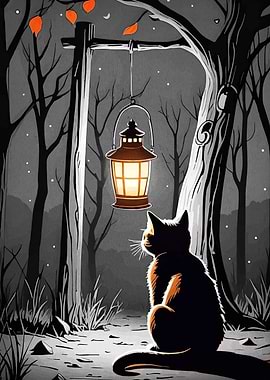 Black Cat and Lantern in Forest