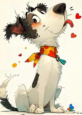 Cartoon Dog with Bandana and Hearts