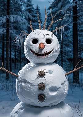Creepy Snowman in Winter Forest