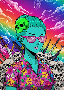 Skull Girl with Weapons and Rainbow