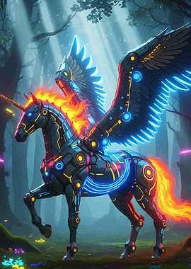 Cyberpunk Unicorn Pegasus Forest