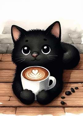 Cute Black Cat with Coffee