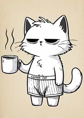 Grumpy Coffee Cat Cartoon Illustration