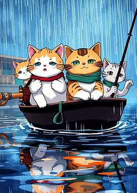 Cats fishing in the rain