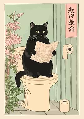 Black Cat Reading Newspaper on Toilet
