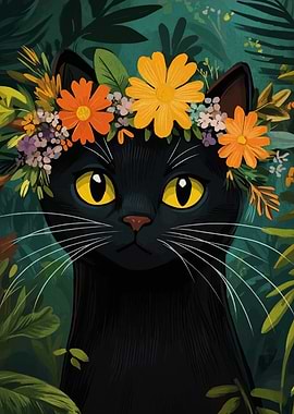 Black Cat with Flower Crown Portrait