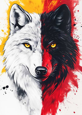 Dual Wolf Portrait: Black and White