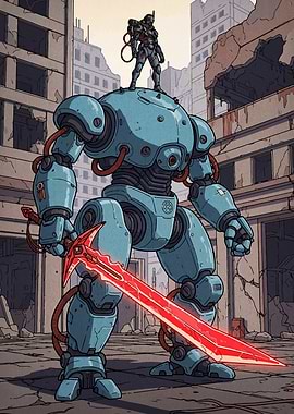 Robot and Pilot in Ruined City