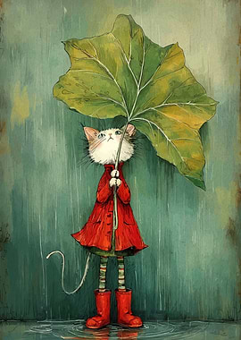 Cat in Rain with Leaf Umbrella