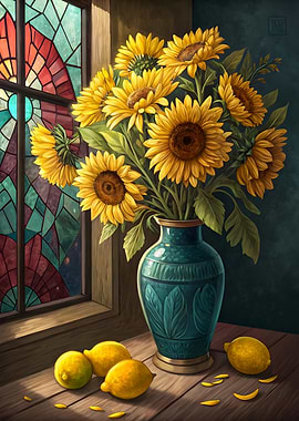 Bright Sunflower Bouquet with Fresh Lemons Artistic Still Life