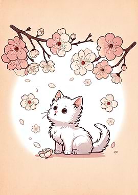 Cute Cat with Cherry Blossoms