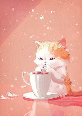 Cute Cat Drinking from a Cup