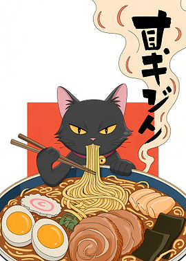 Cat eating ramen illustration