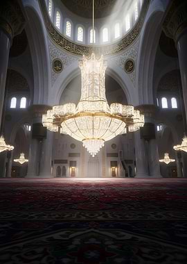Grand Mosque Interior with Chandelier