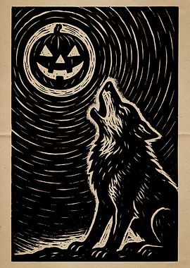 Halloween Wolf Howling at Pumpkin Moon