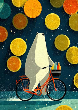 Polar Bear on Orange Bike – Citrus Night Ride Illustration