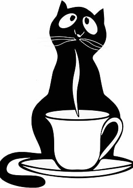 Black Cat with Coffee Cup