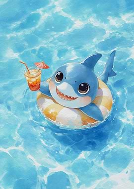 Cute Shark with Drink in Pool