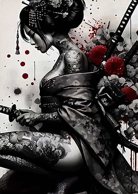 Tattooed Geisha with Katana Art