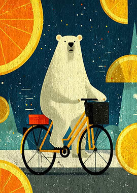 Polar Bear on Citrus Night Ride – Textured Illustration
