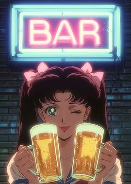Anime Girl with Beer at Bar