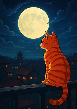 Cat gazing at the moonlit cityscape