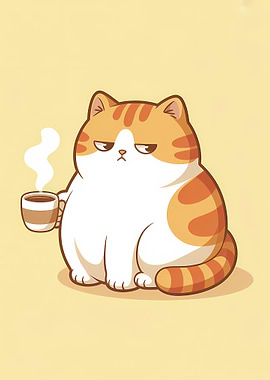 Grumpy Cat with Coffee Cartoon