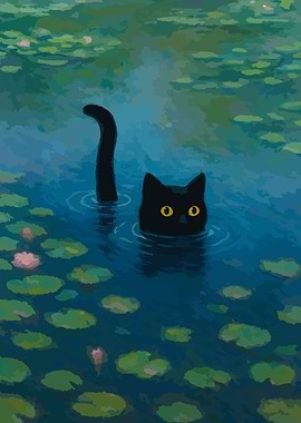 Monet Cat Waterlilies : Black Cat in Lily Pond