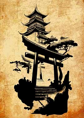 Japanese Pagoda and Torii Gate Art