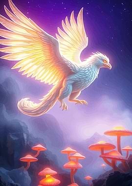 Fantasy Griffin Over Glowing Mushroom