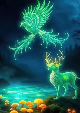 Glowing Phoenix Deer Fantasy Landscape