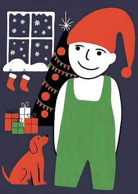 Christmas Elf with Dog Illustration