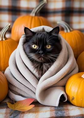 Cat Wrapped in Blanket with Pumpkins