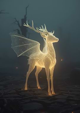 Winged Deer in Misty Landscape