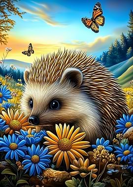 Hedgehog in a field of flowers