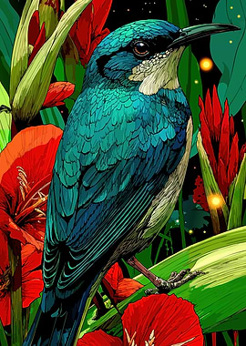 Vibrant Bird Among Tropical Flowers