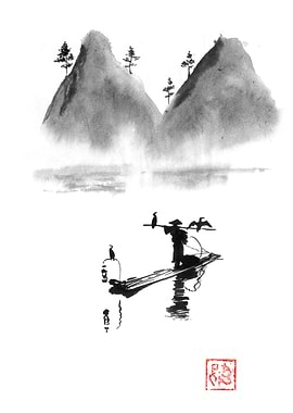 Chinese Fisherman Ink Painting