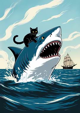 Cat riding a shark illustration