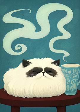 Zen Cat with Tea Illustration