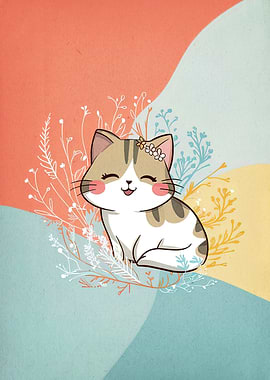 Cute Cat with Floral Crown Illustration