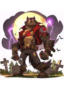 Werewolf in Graveyard Cartoon Illustration