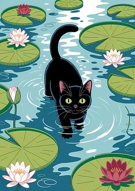 Black Cat in Lily Pond Illustration