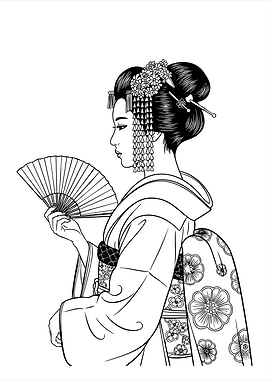 Geisha with Fan Black and White